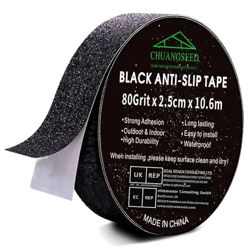 CHUANGSEED Schwarzes Anti-Rutsch-Band Selbstklebend 2.5cm x 10,6m High Grip Anti-Rutsch-Klebeband, Antirutsch Klebeband Wasserfest Treppe Anti Rutsch Streifen für den Innen- und Außenbereich
