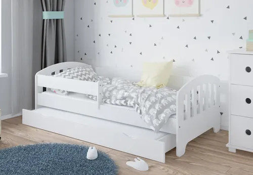 Hochwertiges Kinderbett 80x160 | 80x180 | 90x200 cm mit Schublade, Rausfallschutz & Lattenrost in Weiß - Dieses stabile Kinderbett bietet höchste Qualität und Sicherheit. Mit integrierter Schublade für Ordnung und einer beidseitig anbringbaren Sicherheitsbarriere ist es ideal für jedes Kinderzimmer.