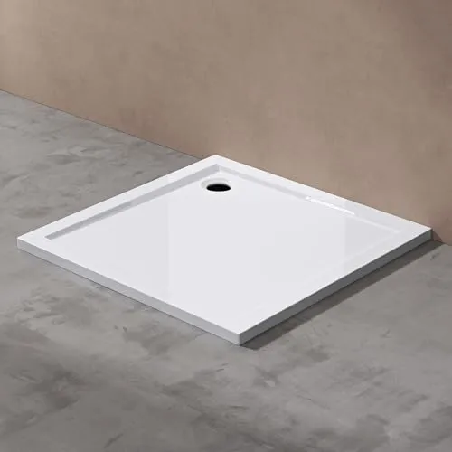 doporro Duschtasse Faro1 80x80x4 - Flache Duschwanne aus Acryl in Weiß mit DIN-Anschlüssen, ideal für bodenebene Montage und reibungslosen Abfluss.