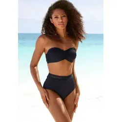 s.Oliver Bügel-Bandeau-Bikini-Top "Aiko", Damen, Gr. 32, Cup A, schwarz - Elegantes Bikini-Oberteil aus weicher Microfaser mit wattierten Cups für ein schönes Dekolleté. Abnehmbarer Neckholder und dekorative Häkeloptik machen es zum idealen Begleiter für den Strand.