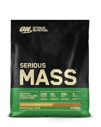 Optimum Nutrition Serious Mass - Hochkalorisches Proteinpulver für Masseaufbau - Molkenproteine mit über 1250 Kalorien und 50 g Protein pro Portion, ideal für effektiven Muskelaufbau und Regeneration.