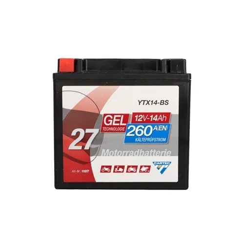Cartec GEL YTX14-BS Motorrad Batterie 12V 12Ah 200A - Wartungsfreie Gel-Batterie für Reiseenduro, Offroad- und Straßenmotorräder, rüttelfest und mit 12Ah Kapazität für zuverlässige Leistung.