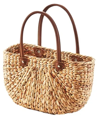 Kobolo Shopper Korbtasche aus Wasserhyazinthe - Elegante Shopper-Korbtasche aus 95% Wasserhyazinthe mit robusten Ledergriffen, perfekt für den täglichen Einkauf oder als stylisches Accessoire.