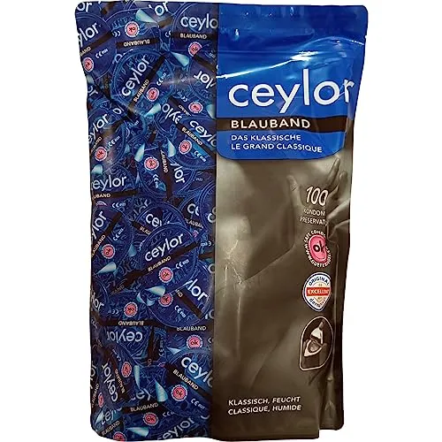 Ceylor Blauband 100 Kondome mit Gleitcreme, Großpackung, verpackt im hygienischen "Dösli", einfach zu öffnen, schnelleres Überziehen, Premium-Qualität aus der Schweiz