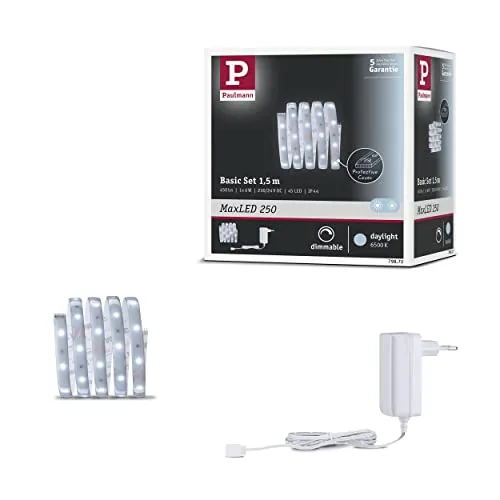 Paulmann 79872 LED-Streifen-Basisset 1.5m - Tageslichtweiß - LED Streifen Basisset mit 1.5m Länge und passendem Vorschaltgerät. Ideal für Feuchträume dank IP44-Beschichtung und perfekt zur Raumausleuchtung.