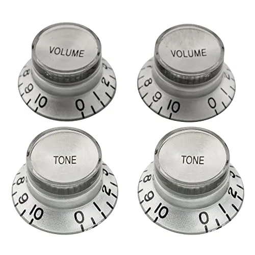 Musiclily Pro Metrische Größe 18 Splines 2 Volume 2 Tone Bell Potiknopfe Top Hat Reflector Knobs Set für Epiphone Les Paul SG Style E-Gitarre, Silber mit Silber Top (4er Set)
