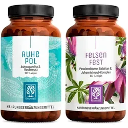 Anti-Stress Paket: Ashwagandha + Rosenwurz & Johanniskraut, Baldrian + Passionsblume in einem veganen Bundle - RUHEPOL & FELSENFEST - NATURTREU® 98.4 g