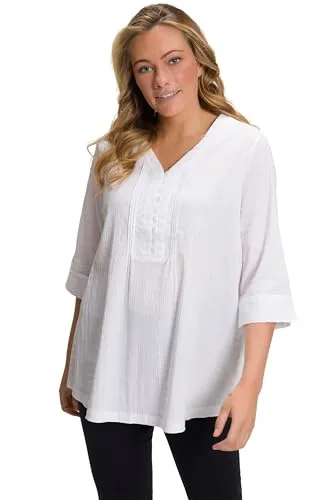 Ulla Popken Plus Size Tunika in schneeweiß - Blusen & Tuniken für Damen, pflegeleichte Bubble Qualität mit Biesen und 3/4-Ärmeln für einen eleganten Look in großen Größen.