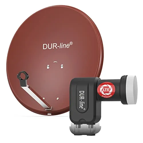 DUR-line MDA 60 Rot - Digitale 2 Teilnehmer Satellitenschüssel Komplett-Anlage - SAT-Antennen für bis zu 2 Receiver, ideal für Camping mit hervorragendem Empfang dank langlebigem Aluminium-Reflektor und modernem LNB für Full HD, 4K und 3D.