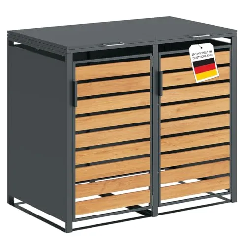 STEELSØN Mülltonnenbox Kestra 120L – Anthrazit/Holz für 2 Tonnen - Robuste Mülltonnenbox aus verzinktem Stahl mit praktischem Automatikdeckel. Wetterfest und stilvoll – ideal für Garten und Zuhause.