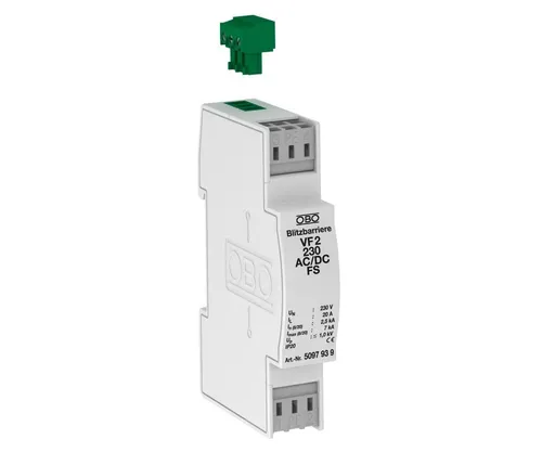 OBO Bettermann Blitzbarriere VF2-230-AC/DC-FS - Überspannungsschutz Typ 3 für zuverlässigen Netzfeinschutz mit schraublosen Anschlussklemmen. Ideal für universellen Einsatz auf 35-mm-Hutprofilschiene.