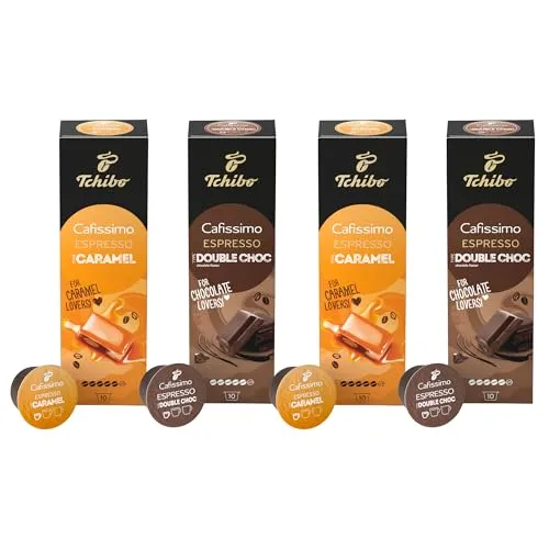 Tchibo Cafissimo Probierset Flavoured Edition Espresso Caramel & Espresso Double Chocolate, 40 Stück (4x 10 Kaffeekapseln), nachhaltig & fair gehandelt