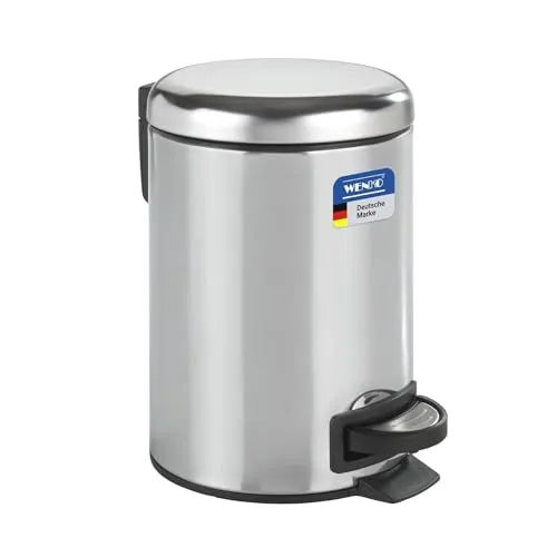 WENKO Kosmetikeimer 3 Liter, rostfreier Edelstahl, herausnehmbarer Inneneimer mit Müllbeutelhalter, Mülleimer fürs Bad mit Deckel und Tretfunktion, ausklappbarer Tragegriff, glänzend, Mod. Leman