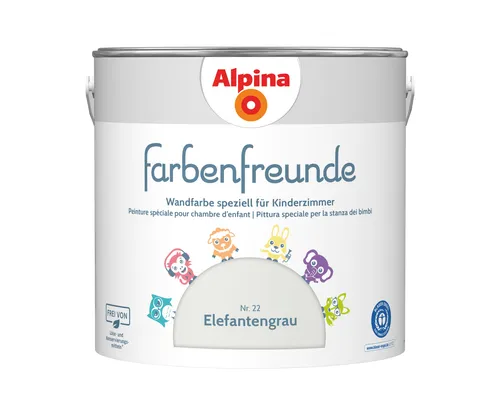 Alpina Farbenfreunde – Nr. 22 Elefantengrau - Wandfarbe für Kinderzimmer, lösemittel- und konservierungsmittelfrei, sorgt für ein gesundes Raumklima und harmonische Farbtöne – 2,5L für ca. 20-25m², ausgezeichnet mit dem Blauen Engel.