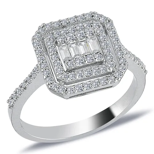 Baguette Brillant Schliff Diamant Ring in 585er Weißgold - Eleganter Damenring mit 82 unbehandelten Diamanten (0,50 - 0,74 ct), personalisierbar mit Gravur. Ideal für besondere Anlässe wie Verlobung oder Hochzeit.