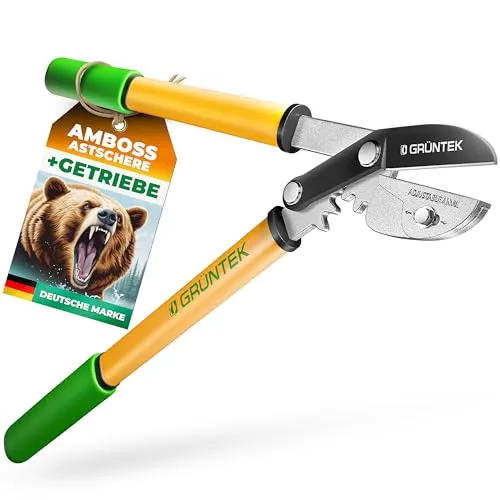 GRÜNTEK GRIZZLY Astschere mit Metall-Amboss - Astschere für präzise Gartenarbeit, 60mm Klinge aus SK5-Stahl mit Antihaftbeschichtung, 2-fach Getriebe für müheloses Schneiden und ergonomische Griffe für höchsten Komfort.
