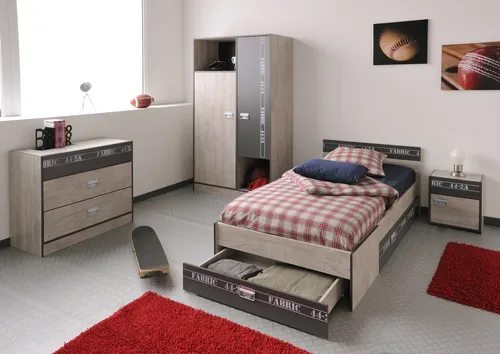 Parisot Kinder- und Jugendzimmer 4-tlg "Fabric 1" Esche-grau - Jugendzimmer-Set mit 2-türigem Kleiderschrank, Einzelbett mit Schubkästen und stilvollen Dekoprints – ideal für modernes Wohnen und optimalen Stauraum.