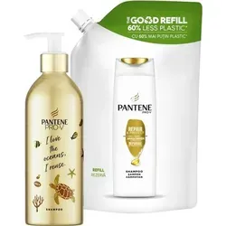 Pantene Pro-V Shampoo - Repair & Care Nachfüllbare Aluminiumflasche + Nachfüllpack - 910ml