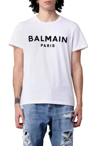 BALMAIN Flocked Logo Straight Fit T-Shirt - Herren T-Shirt mit geflocktem Balmain-Medaillon, atmungsaktiv und ideal für jede Jahreszeit. Ein luxuriöses Statement-Piece für modebewusste Männer.