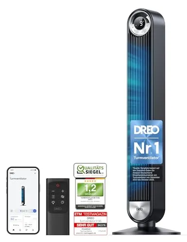 Dreo Cruiser Pro T2S Smart Turmventilator - Turmventilator mit 106 cm Höhe, 90° Oszillation und 9 Geschwindigkeiten. Ideal für große Räume, leise im Betrieb (25 dB) und mit Fernbedienung für maximalen Komfort.