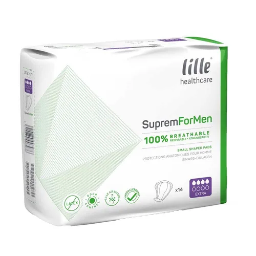 Lille Suprem for Men Extra, 14 Stück - Spezielle Einlagen für Männer mit leichtem Inkontinenzbedarf. Atmungsaktiv, hypoallergen und mit integriertem Klebestreifen für sicheren Halt. Ideal für höchsten Tragekomfort im Alltag.