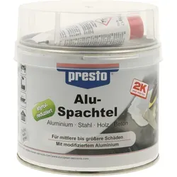 PRESTO Alu-Spachtel styrolreduziert 1000 g - Metallspachtel für Karosserien - Der PRESTO Alu-Spachtel ist ideal für KFZ-Reparaturen und Hobbyarbeiten. Mit einer starken Haftung auf Metall, Holz und Kunststoffen sorgt er für eine perfekte Verfüllung und Stabilität.