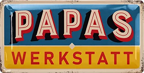LANOLU Blechschild PAPAS WERKSTATT - Schild Papas Service - Geburtstagsgeschenk oder Vatertagsgeschenk Schild für Vater - lustige retro Deko mit Spruch, 17x34 cm