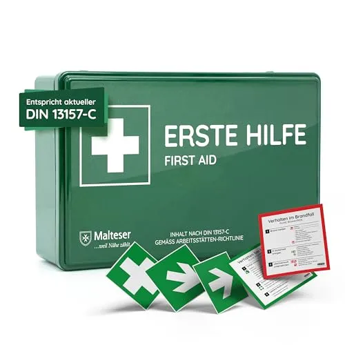 FLEXEO Erste-Hilfe-Koffer DIN 13157 - 1. Hilfe - Praktischer Betriebsverbandkasten in grün mit Wandhalterung, ausgestattet nach DIN 13157 für schnelle Erste Hilfe im Notfall.