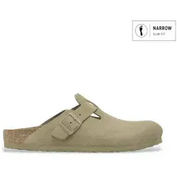 Birkenstock Boston Suede Leather Sandalen faded khaki Gr. 39 - Hausschuhe mit zeitlosem Design und unvergleichlichem Komfort. Das weiche Wildleder-Obermaterial und das anatomisch geformte Fußbett sorgen für ein angenehmes Tragegefühl.