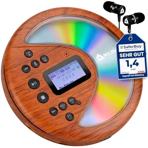KLIM Discover Tragbarer CD-Player - Tragbarer CD-Player mit Bluetooth, FM-Radio und langlebigem Akku für ununterbrochenen Musikgenuss – ideal für Autos und unterwegs!
