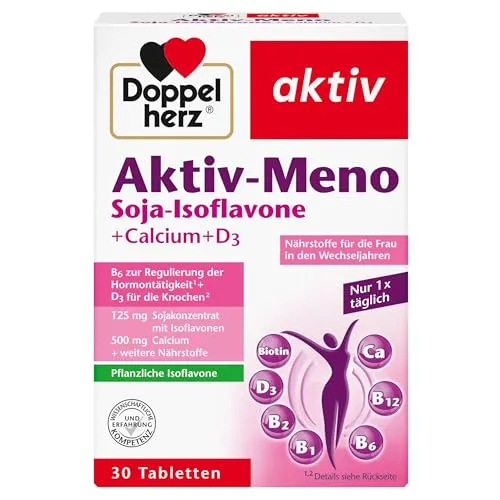 Doppelherz Aktiv-Meno Tabletten - Arzneimittel zur Unterstützung in den Wechseljahren, mit Vitaminen, Mineralstoffen und Soja-Isoflavonen für ein ausgewogenes Wohlbefinden.