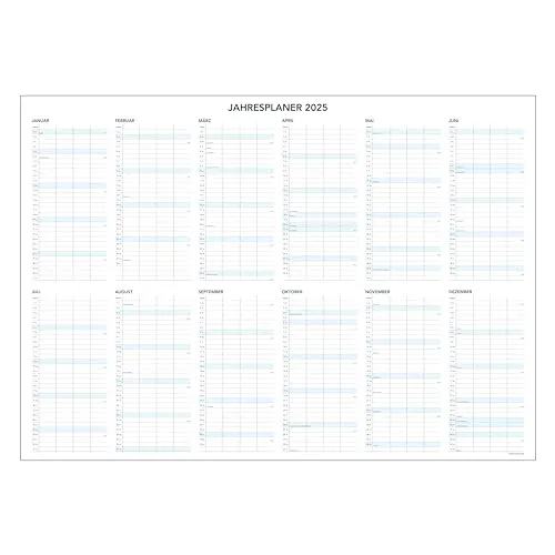 Jahresplaner für Familie & Büro 2025 - DIN A1 mit 4 Spalten - CO2 neutral in Deutschland gedruckt - Familienplaner Wandkalender Bürokalender Teamkalender Kalender Posterkalender - quer/Querformat