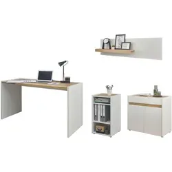 Eckschreibtisch Set mit Container und Kommode in Weiß und Eiche - Praktisches Büromöbel Set mit 3 Einlegeböden, 2 Schubladen und 2 Türen. Ideal für effizientes Arbeiten und optimalen Stauraum. Breite 143 cm, Höhe 180 cm, Tiefe 140 cm.