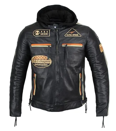 Herren Motorradjacke mit Protektoren und Kapuze – Biker Lederjacke in Orange/Beige - Stilvolle Motorradjacke mit verstellbarem Reißverschluss, herausnehmbaren Protektoren und praktischen Taschen. Ideal für den Biker, der Komfort und Sicherheit schätzt.