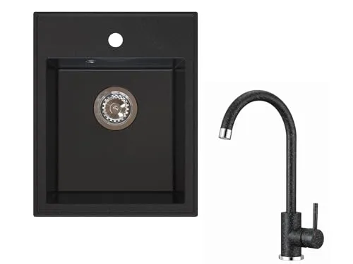 manestein Granitspüle Spülbecken - Pflegeleichte Küchenspüle mit Armatur - Sanitäranlagen & Zubehör, 1 Becken, 39 x 48 cm, fleckenbeständig und in elegantem Graphit-Schwarz für eine moderne Küche.