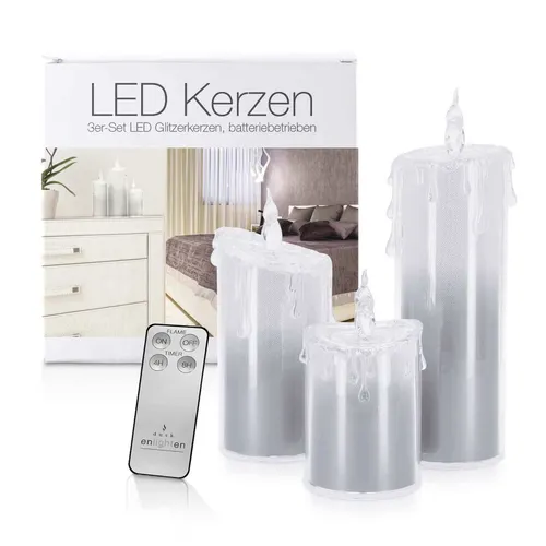 LED Universum Liza - 3er Set Acryl Glitzer Kerzen Silber mit Fernbedienung - Stimmungsvolle Kerzen in Silber, inkl. Fernbedienung und Timer. Ideal für festliche Dekoration und romantische Abende mit innovativem Flackereffekt.