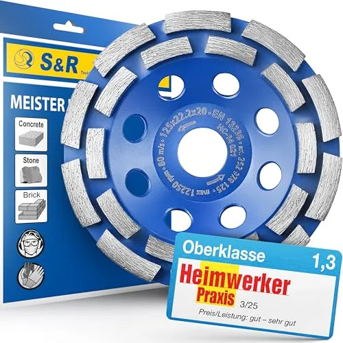 S&R Diamant-Schleiftopf 125 mm - Robuste Schleifscheibe für Beton & Naturstein - Schleiftöpfe für Beton, Granit und mehr. Hohe Abtragsleistung und lange Lebensdauer dank verbesserter Segment-Formel – ideal für professionelle Anwendungen.