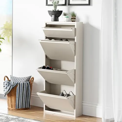[en.casa] Schuhschrank Sokndal – Stilvoller Schuhkipper für 6 Paar Schuhe - Schuhschrank in Pfefferweiß, optimaler Platz für Schuhe mit cleverem Design und zusätzlicher Ablage für Deko oder Zubehör. Ideal für kleine Flure!