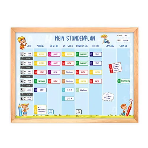 magnetischer Stundenplan Schulkind blau mit 90 Magneten und Stift - abwischbar Wochenplaner Schule - ca. 40 x 30 cm