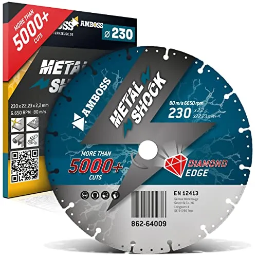 AMBOSS METAL SHOCK 5000+ - Diamant Trennscheibe 230 x 2.2 x 22.23 mm - geeignet für Metall/Stahl/Inox - passend für Winkelschleifer- extrem lange Standzeit