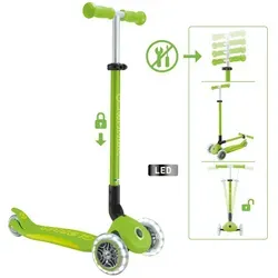 Primo Foldable Plus Lights Scooter in Grün/Limette - Dreirädriger Roller für Kindergartenkinder, tragfähig bis 50 kg und ideal für sicheres Fahren und Spielspaß.