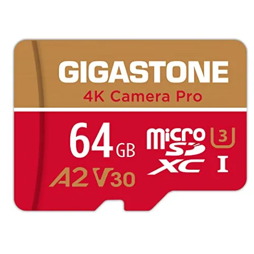GIGASTONE 64GB Micro SD Speicherkarte, 4K Kamera Pro, kompatibel mit GoPro Switch, bis zu 95 MB/s, A2 U3 V30 Micro SDXC-Karte mit SD-Adapter