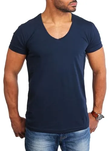 Young & Rich Herren Uni T-Shirt Basic mit extra tiefem V-Ausschnitt Slimfit deep V-Neck Stretch dehnbar 1315, Grösse:L, Farbe:Dunkelblau