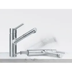 Franke Taros Neo Window Edelstahl Niederdruckarmatur - Elegante Niederdruckarmatur mit Zugauslauf und umlegbarem Schwenkbereich von 120°, ideal für moderne Küchen.
