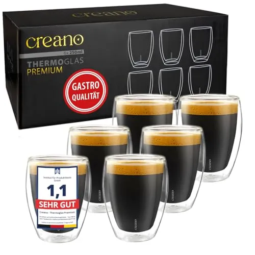 Creano PREMIUM doppelwandige Trinkgläser 250ml - 6er Set - Gastronomie Qualität - Robuste doppelwandige Trinkgläser für Kaffee, Tee und Kaltgetränke. 100% spülmaschinenfest, gefertigt ohne Blasloch für hohe Stabilität. Ideal für den täglichen Einsatz in der Gastronomie.