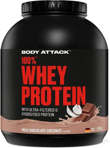 Body Attack 100% Whey Protein - 2000g Milk Chocolate Coconut - Hochwertiges Whey Protein für eine optimale Proteinversorgung. Mit 66 Portionen und Optipep® für besten Genuss in der Geschmacksrichtung Milk Chocolate Coconut.