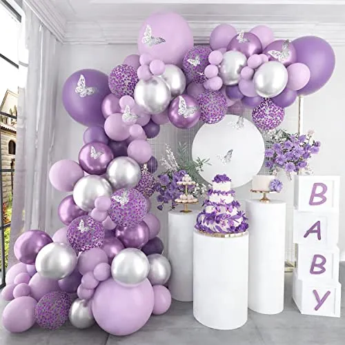 Patimate Lila Luftballons Girlande, 118 Stück: Lila Silber Ballon Girlande Kit mit Schmetterling Aufklebern, für Geburtstag Party Dekoration Baby Shower Hochzeit
