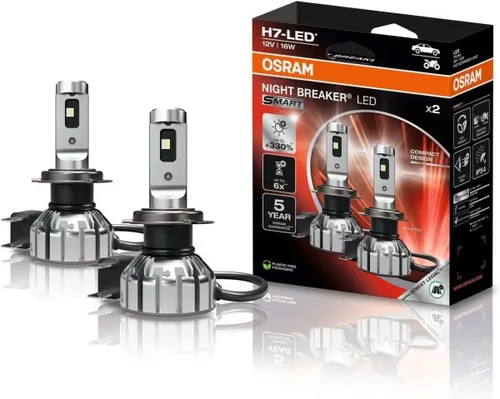 OSRAM Auto-Lampe Night Breaker SMART H7 - LED Scheinwerferlampe, bis zu 330% helleres Licht und lange Lebensdauer von bis zu 3.000 Stunden, 2 Stück