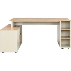 Eckschreibtisch ROMIARA mit Stauraum - Beige und Natur - Der elegante Eckschreibtisch ROMIARA bietet 5 praktische Nischen und einen integrierten Schrank für optimale Ordnung. Ideal für ein modernes Arbeitsumfeld, in stilvollem Beige und Natur.