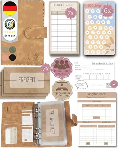 BeginnerBudget® Budget Planner Deutsch - Starterset mit Sparchallenge Budgetplaner - Sparen mit Umschlagmethode + Anleitung - Ringbuch A6 - Binder A6 Wildleder-Style (Beige)